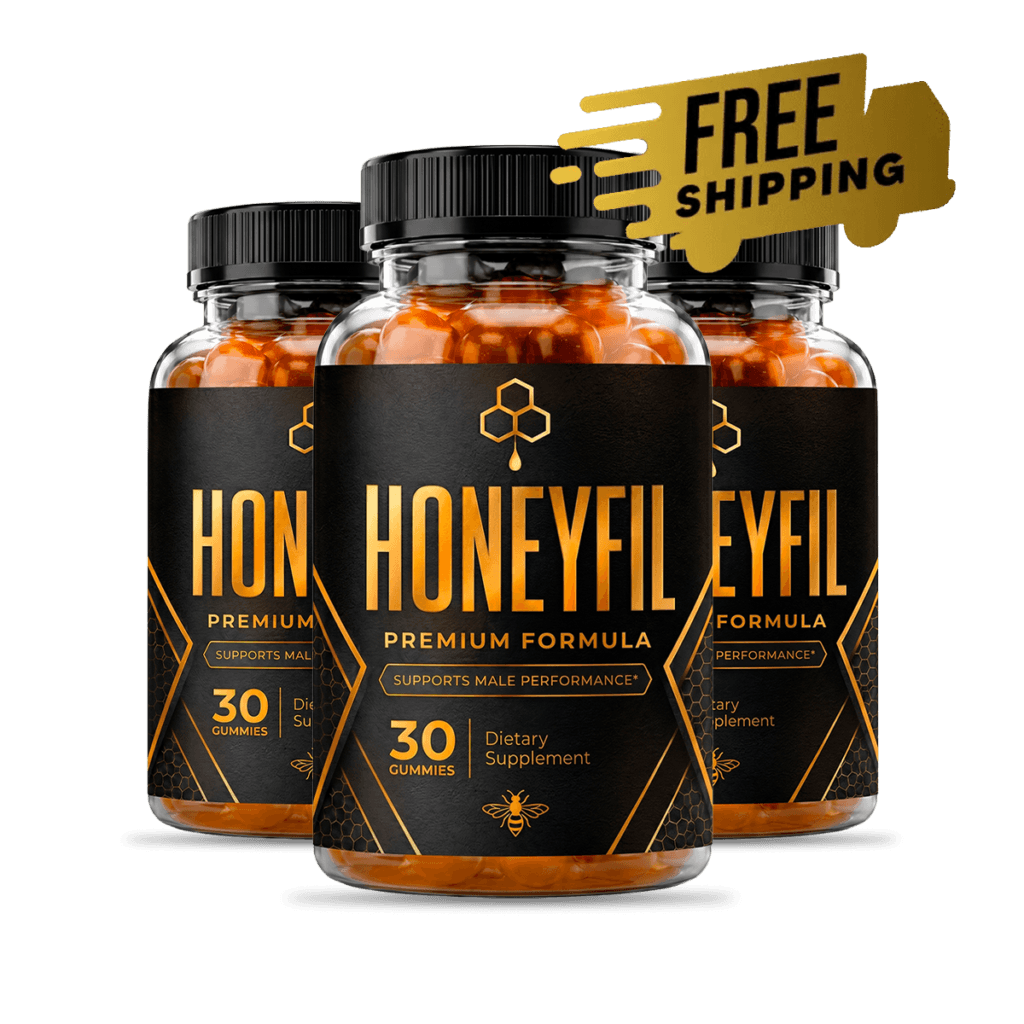Three bottles of HoneyFil men's performance gummies