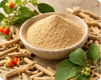 Ashwagandha root, leaves and powder